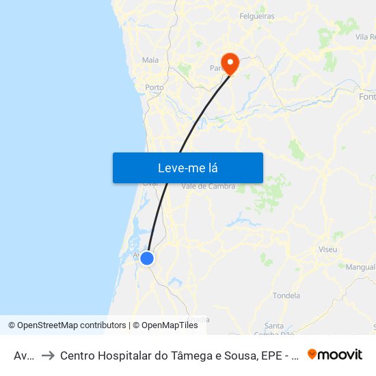 Aveiro to Centro Hospitalar do Tâmega e Sousa, EPE - Unidade Padre Américo map