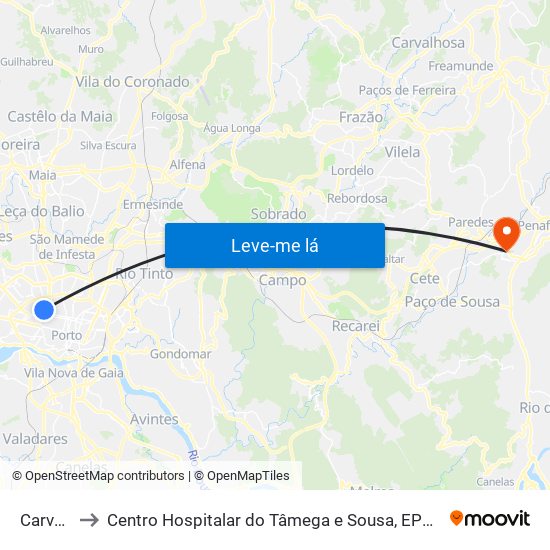 Carvalhido to Centro Hospitalar do Tâmega e Sousa, EPE - Unidade Padre Américo map