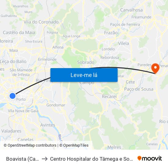 Boavista (Casa da Música) to Centro Hospitalar do Tâmega e Sousa, EPE - Unidade Padre Américo map