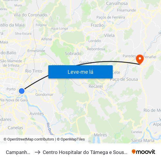 Campanhã (Estação) to Centro Hospitalar do Tâmega e Sousa, EPE - Unidade Padre Américo map