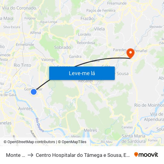 Monte Crasto to Centro Hospitalar do Tâmega e Sousa, EPE - Unidade Padre Américo map