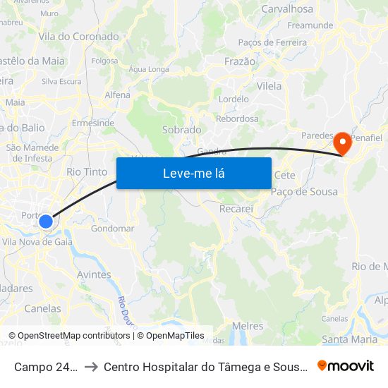 Campo 24 de Agosto to Centro Hospitalar do Tâmega e Sousa, EPE - Unidade Padre Américo map