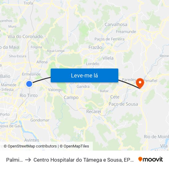 Palmilheira to Centro Hospitalar do Tâmega e Sousa, EPE - Unidade Padre Américo map