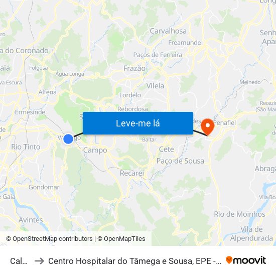 Calvário to Centro Hospitalar do Tâmega e Sousa, EPE - Unidade Padre Américo map