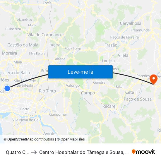 Quatro Caminhos to Centro Hospitalar do Tâmega e Sousa, EPE - Unidade Padre Américo map