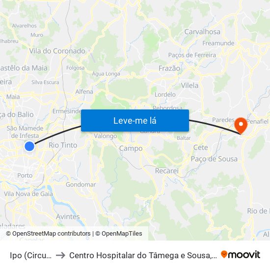 Ipo (Circunvalação) to Centro Hospitalar do Tâmega e Sousa, EPE - Unidade Padre Américo map