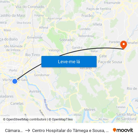 Câmara de Gaia to Centro Hospitalar do Tâmega e Sousa, EPE - Unidade Padre Américo map