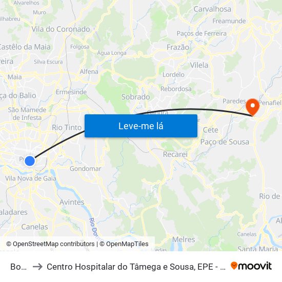 Bolhão to Centro Hospitalar do Tâmega e Sousa, EPE - Unidade Padre Américo map