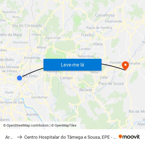 Areosa to Centro Hospitalar do Tâmega e Sousa, EPE - Unidade Padre Américo map