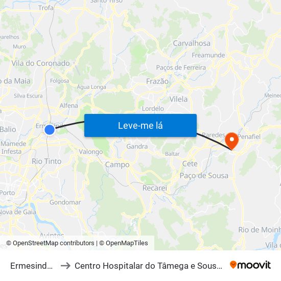 Ermesinde (Estação) to Centro Hospitalar do Tâmega e Sousa, EPE - Unidade Padre Américo map