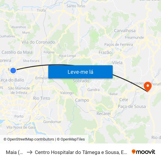 Maia (Fórum) to Centro Hospitalar do Tâmega e Sousa, EPE - Unidade Padre Américo map