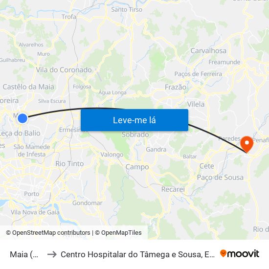 Maia (Câmara) to Centro Hospitalar do Tâmega e Sousa, EPE - Unidade Padre Américo map