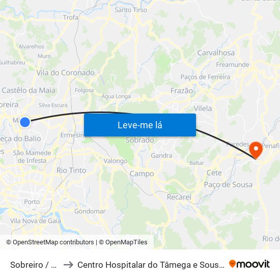 Sobreiro / Maia (Plaza) to Centro Hospitalar do Tâmega e Sousa, EPE - Unidade Padre Américo map