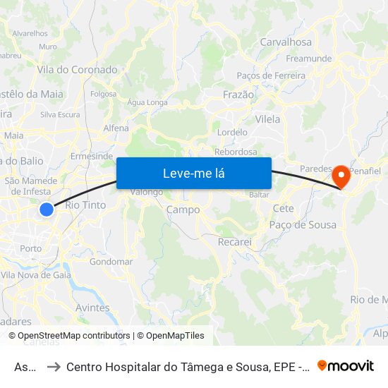 Asprela to Centro Hospitalar do Tâmega e Sousa, EPE - Unidade Padre Américo map
