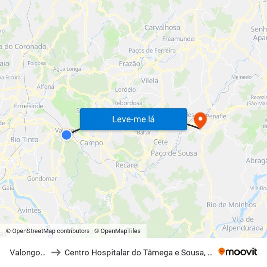 Valongo (Centro) to Centro Hospitalar do Tâmega e Sousa, EPE - Unidade Padre Américo map