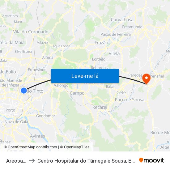 Areosa (Feira) to Centro Hospitalar do Tâmega e Sousa, EPE - Unidade Padre Américo map
