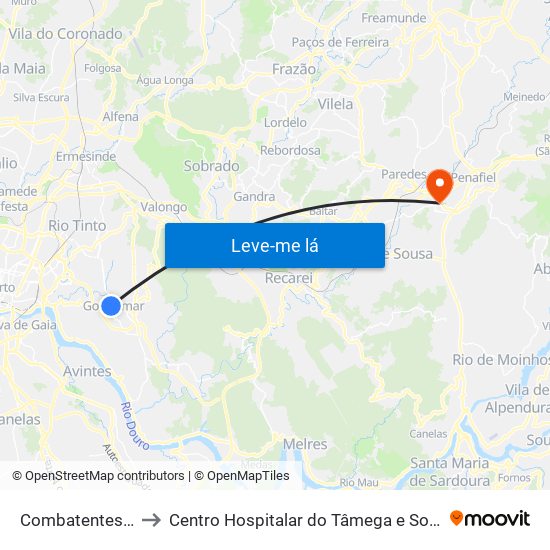 Combatentes Grande Guerra to Centro Hospitalar do Tâmega e Sousa, EPE - Unidade Padre Américo map