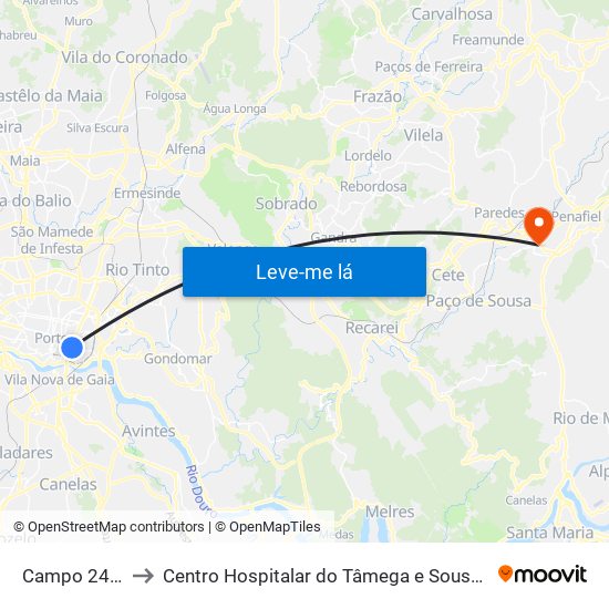 Campo 24 de Agosto to Centro Hospitalar do Tâmega e Sousa, EPE - Unidade Padre Américo map