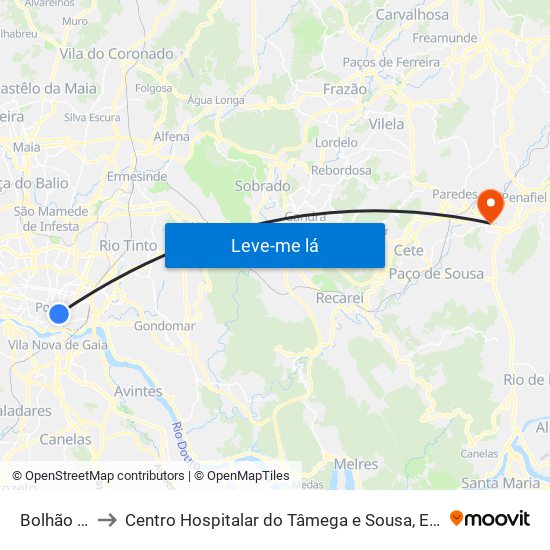 Bolhão (Metro) to Centro Hospitalar do Tâmega e Sousa, EPE - Unidade Padre Américo map