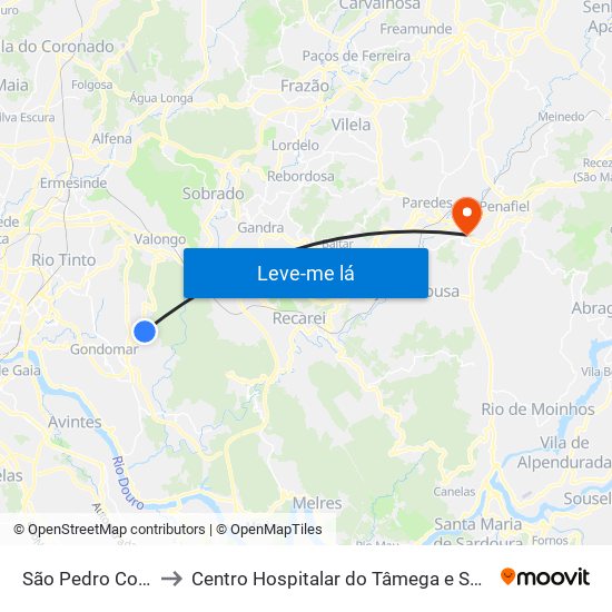 São Pedro Cova (Rio Ferreira) to Centro Hospitalar do Tâmega e Sousa, EPE - Unidade Padre Américo map