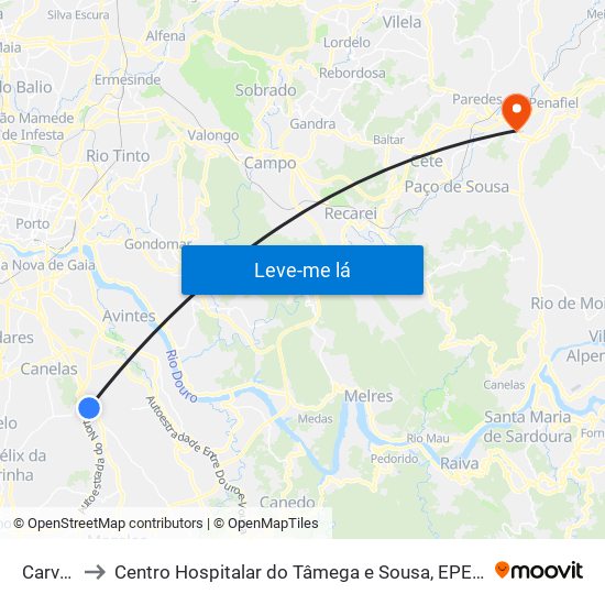 Carvalhos to Centro Hospitalar do Tâmega e Sousa, EPE - Unidade Padre Américo map