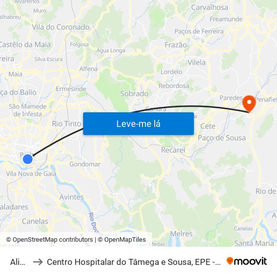 Aliados to Centro Hospitalar do Tâmega e Sousa, EPE - Unidade Padre Américo map