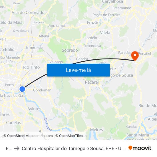 Edp to Centro Hospitalar do Tâmega e Sousa, EPE - Unidade Padre Américo map