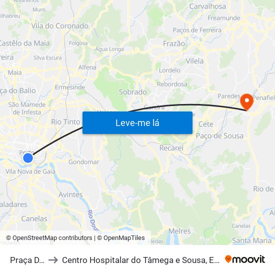 Praça D. João I to Centro Hospitalar do Tâmega e Sousa, EPE - Unidade Padre Américo map
