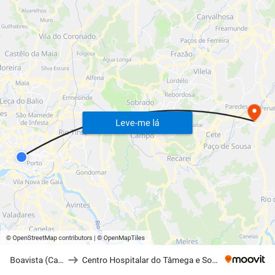 Boavista (Casa da Música) to Centro Hospitalar do Tâmega e Sousa, EPE - Unidade Padre Américo map