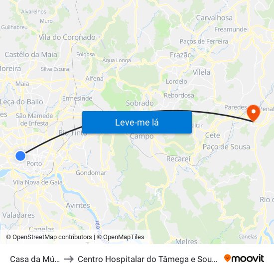Casa da Música (Metro) to Centro Hospitalar do Tâmega e Sousa, EPE - Unidade Padre Américo map