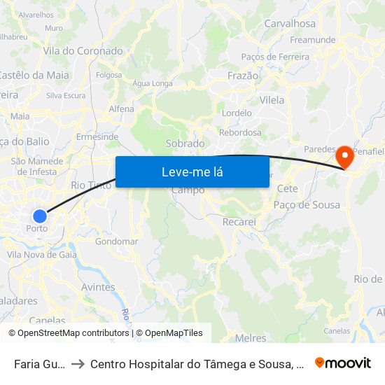 Faria Guimarães to Centro Hospitalar do Tâmega e Sousa, EPE - Unidade Padre Américo map