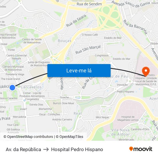 Av. da República to Hospital Pedro Hispano map