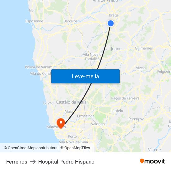 Ferreiros to Hospital Pedro Hispano map