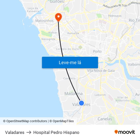Valadares to Hospital Pedro Hispano map