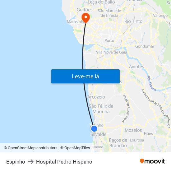 Espinho to Hospital Pedro Hispano map
