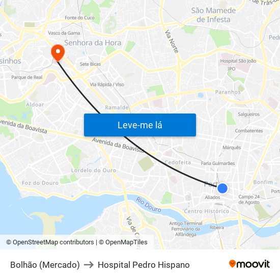 Bolhão (Mercado) to Hospital Pedro Hispano map