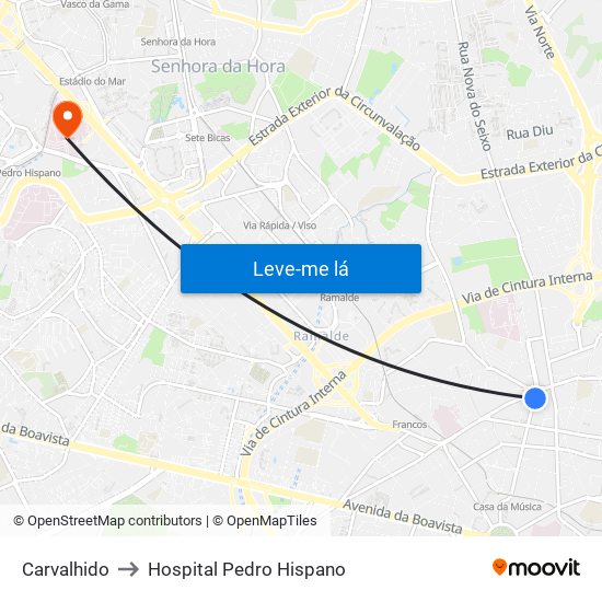 Carvalhido to Hospital Pedro Hispano map