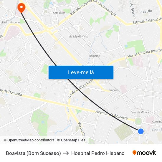 Boavista (Bom Sucesso) to Hospital Pedro Hispano map