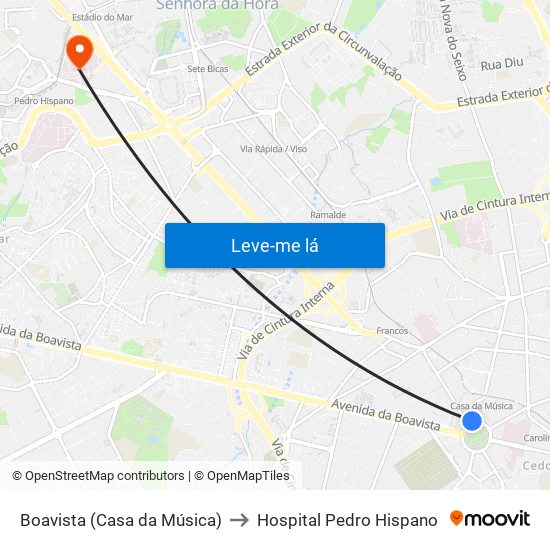 Boavista (Casa da Música) to Hospital Pedro Hispano map