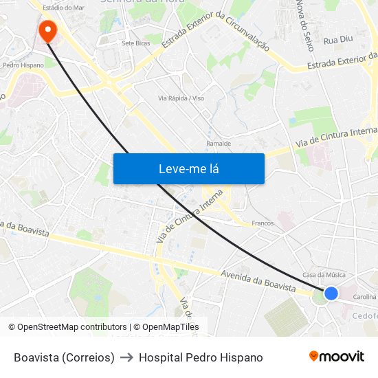 Boavista (Correios) to Hospital Pedro Hispano map