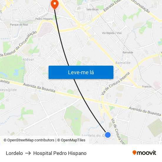 Lordelo to Hospital Pedro Hispano map