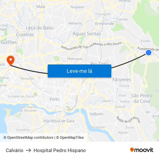 Calvário to Hospital Pedro Hispano map