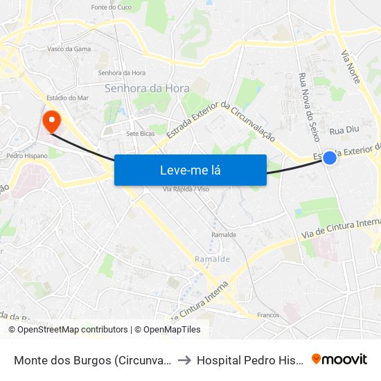 Monte dos Burgos (Circunvalação) to Hospital Pedro Hispano map