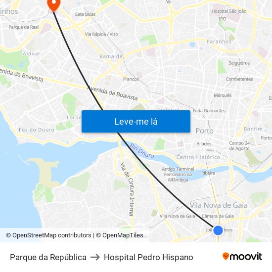 Parque da República to Hospital Pedro Hispano map