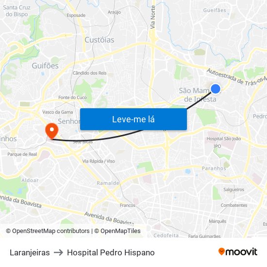 Laranjeiras to Hospital Pedro Hispano map