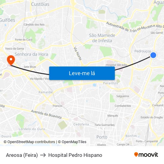 Areosa (Feira) to Hospital Pedro Hispano map
