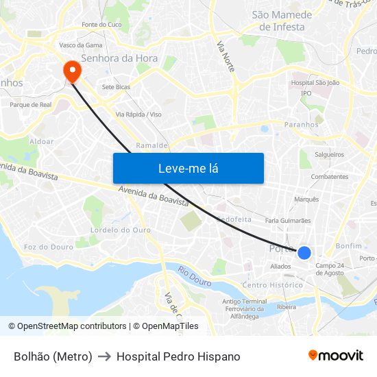 Bolhão (Metro) to Hospital Pedro Hispano map