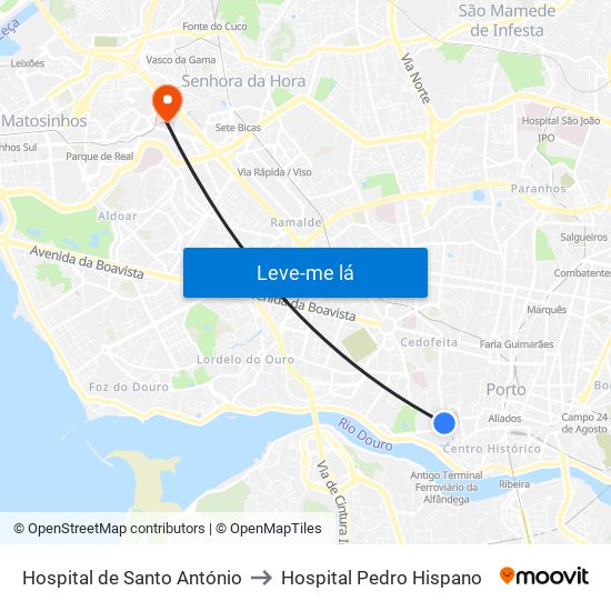 Hospital de Santo António to Hospital Pedro Hispano map