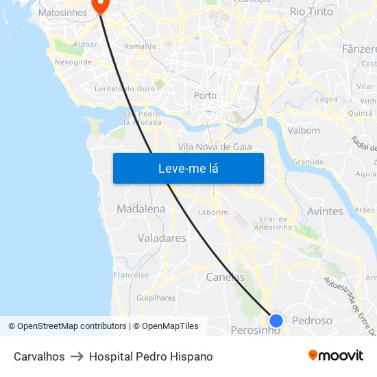 Carvalhos to Hospital Pedro Hispano map