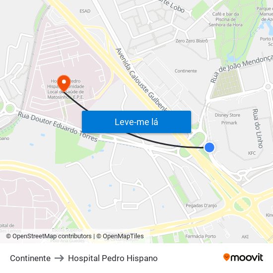 Continente to Hospital Pedro Hispano map